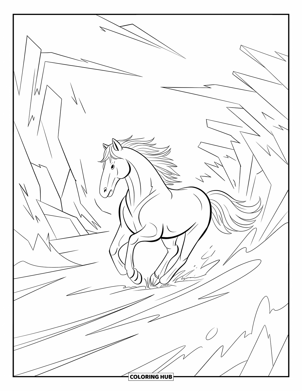 Wild Animal Coloring Page for Adults: A wild horse gallops through swirling wind and sharp abstract cliffs