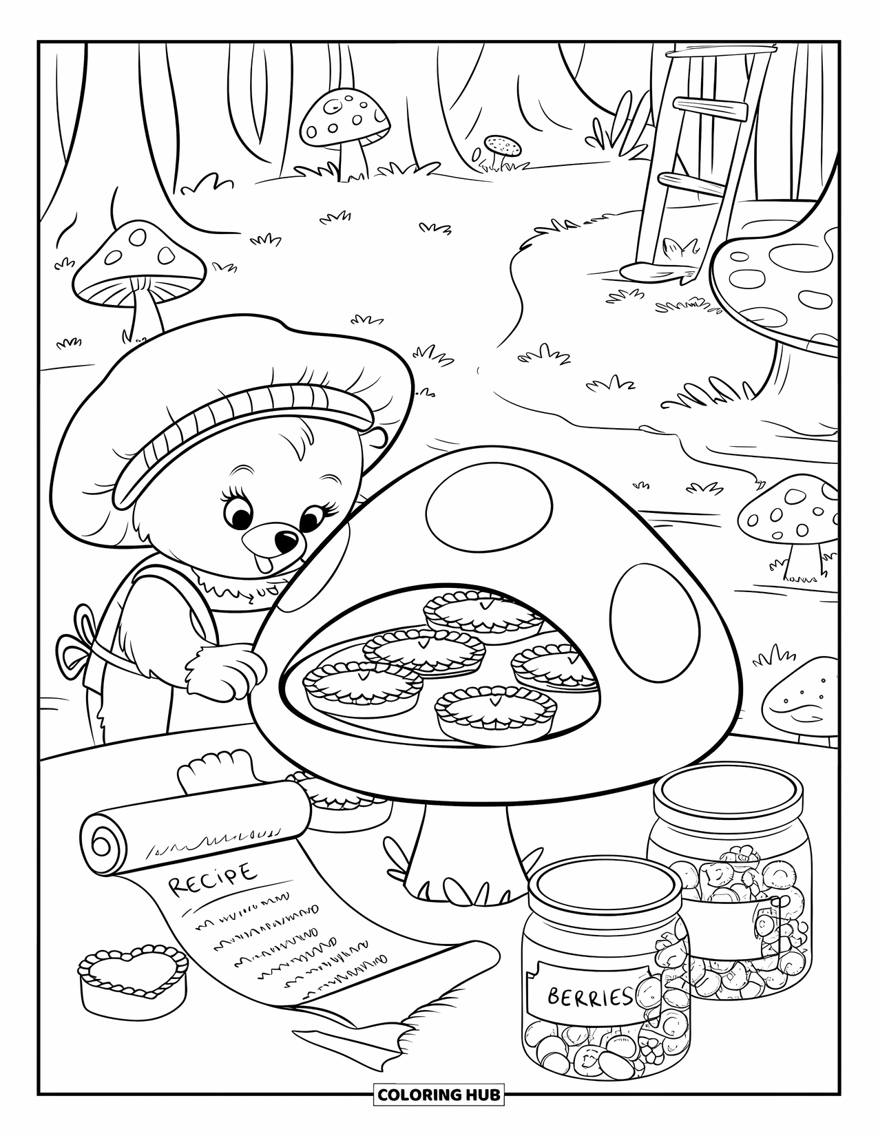 Wild Animal Coloring Page for Adults: A young bear in an apron bakes pies in a mushroom oven with jars, scroll, and ladder