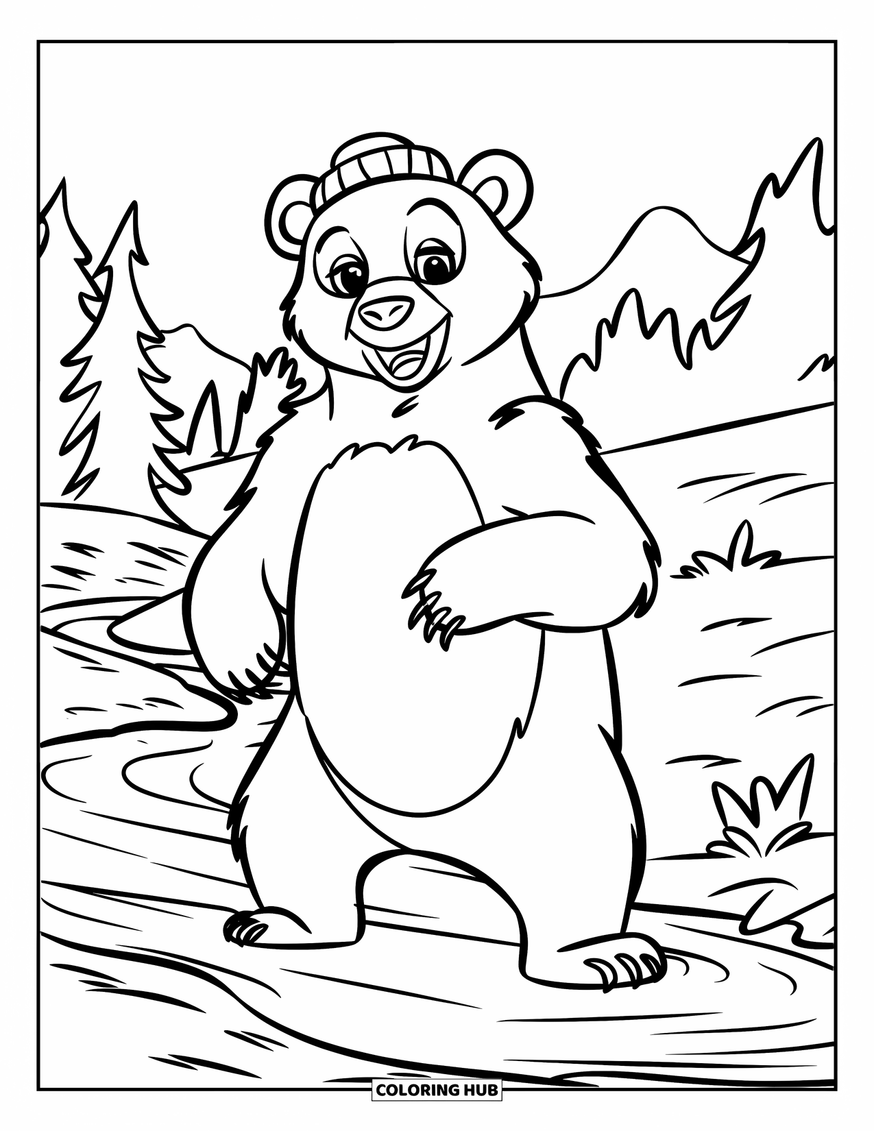 Wild Animal Coloring Page for Kids: A bear stands on hind legs near a stream wearing a hat, surrounded by trees and mountains