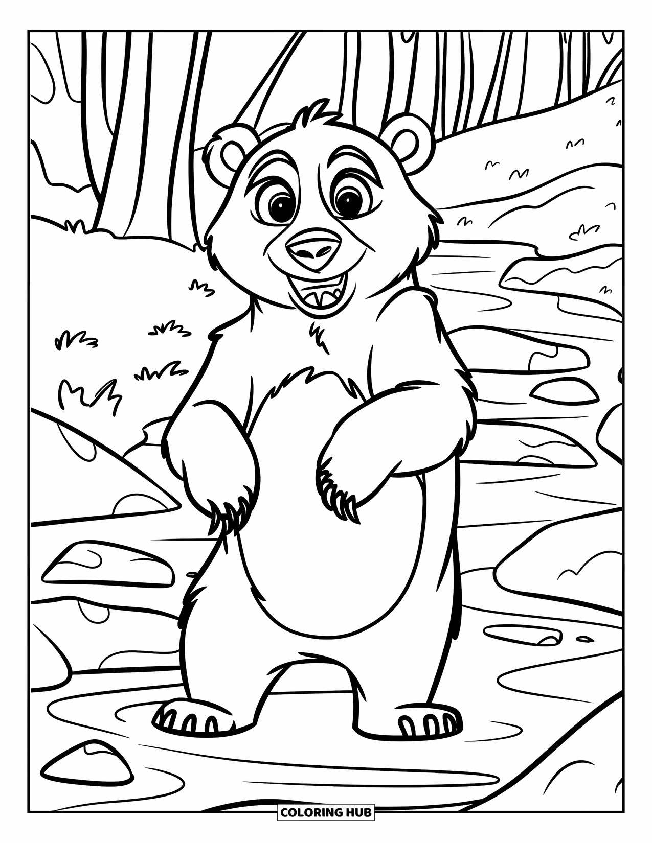 Wild Animal Coloring Page for Kids: A bear with big eyes stands on hind legs near a stream with trees and rocks