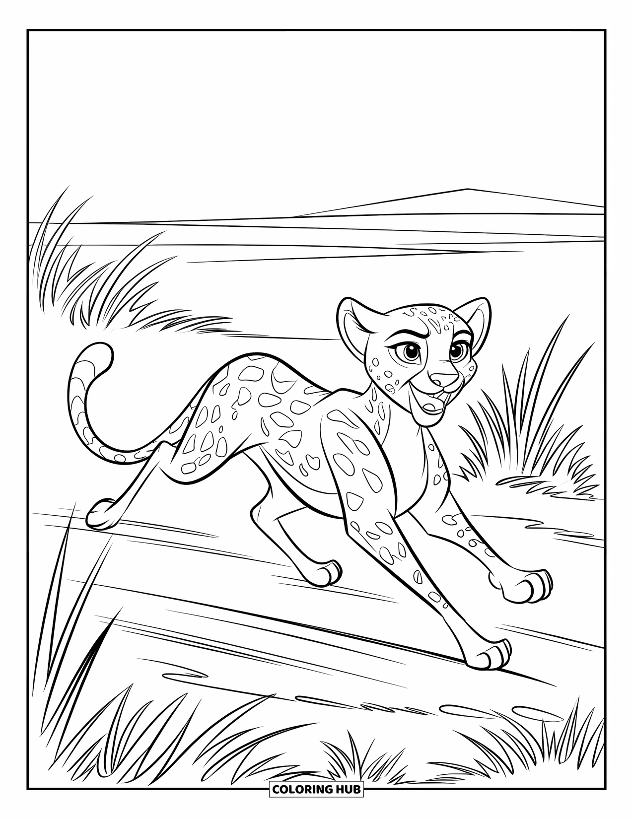 Wild Animal Coloring Page for Kids: A cheetah runs fast on a dirt path through tall savannah grass with wide eyes
