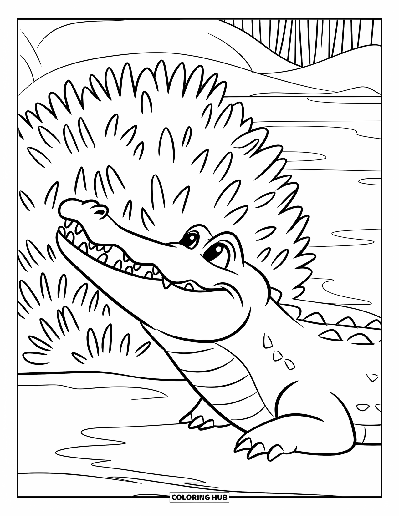 Wild Animal Coloring Page for Kids: A crocodile rests beside a bush with mouth slightly open near water and trees