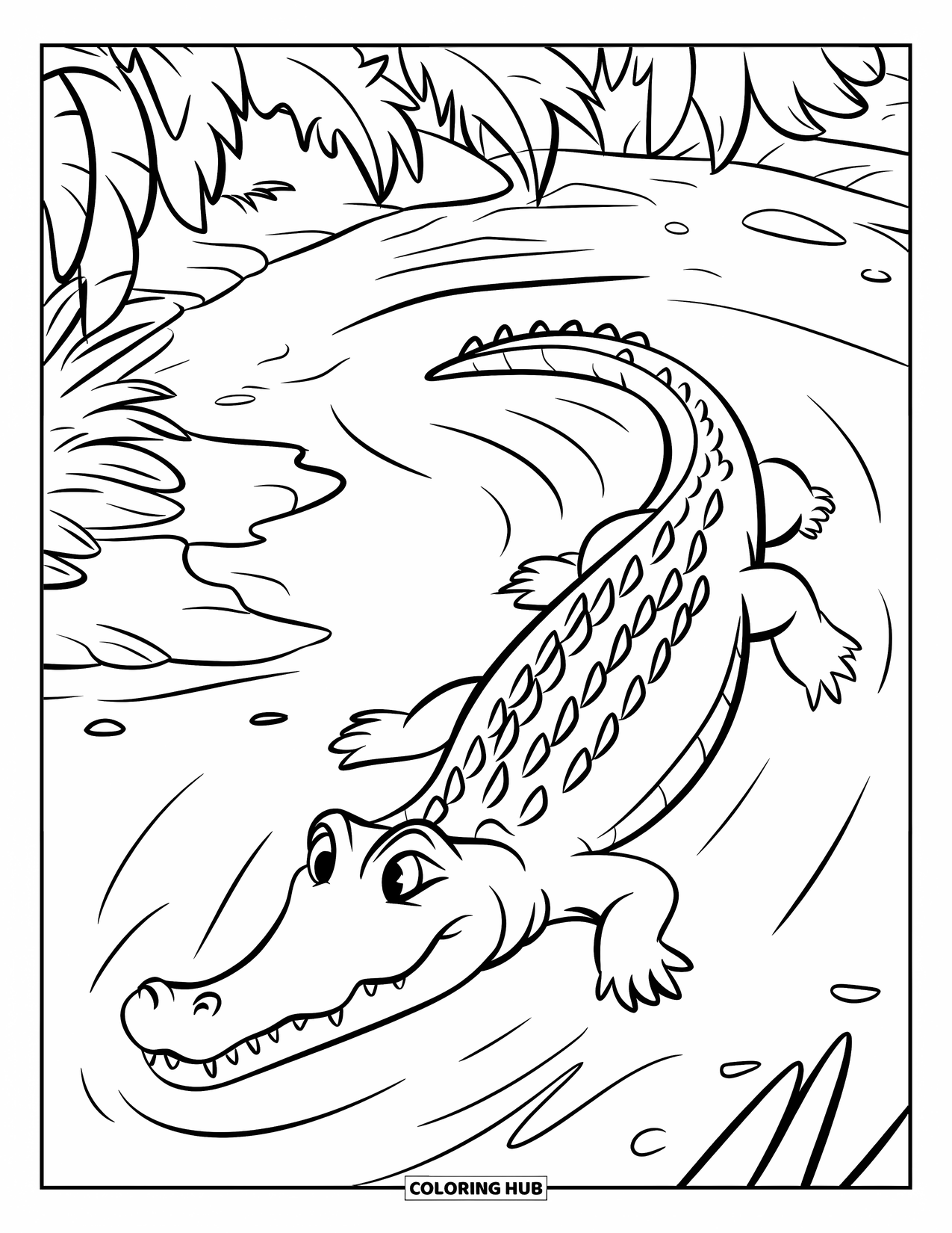 Wild Animal Coloring Page for Kids: A crocodile slips through water with eyes and tail visible near rocks and greenery