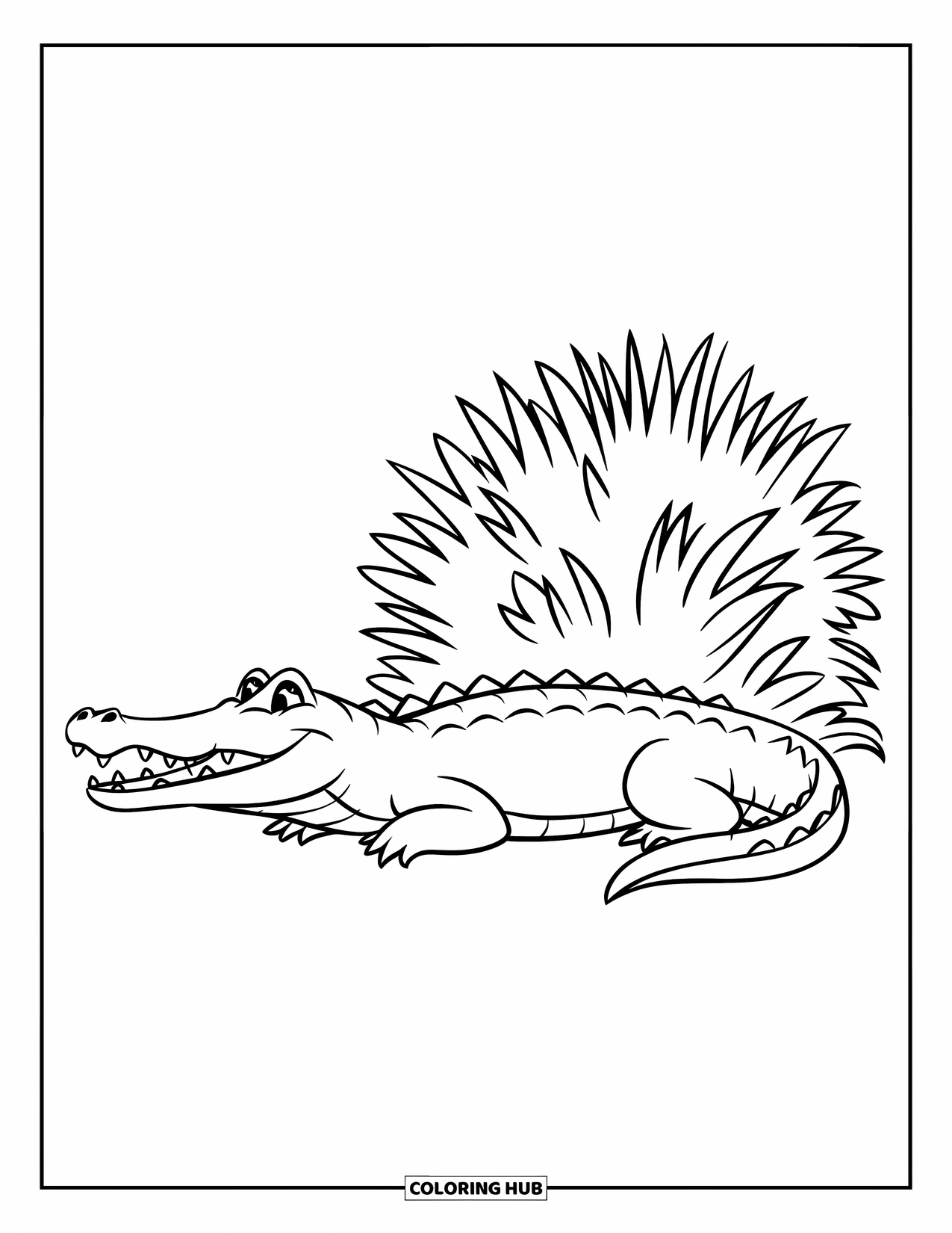 Wild Animal Coloring Page for Kids: A crocodile with mouth open rests near a leafy bush on a quiet background