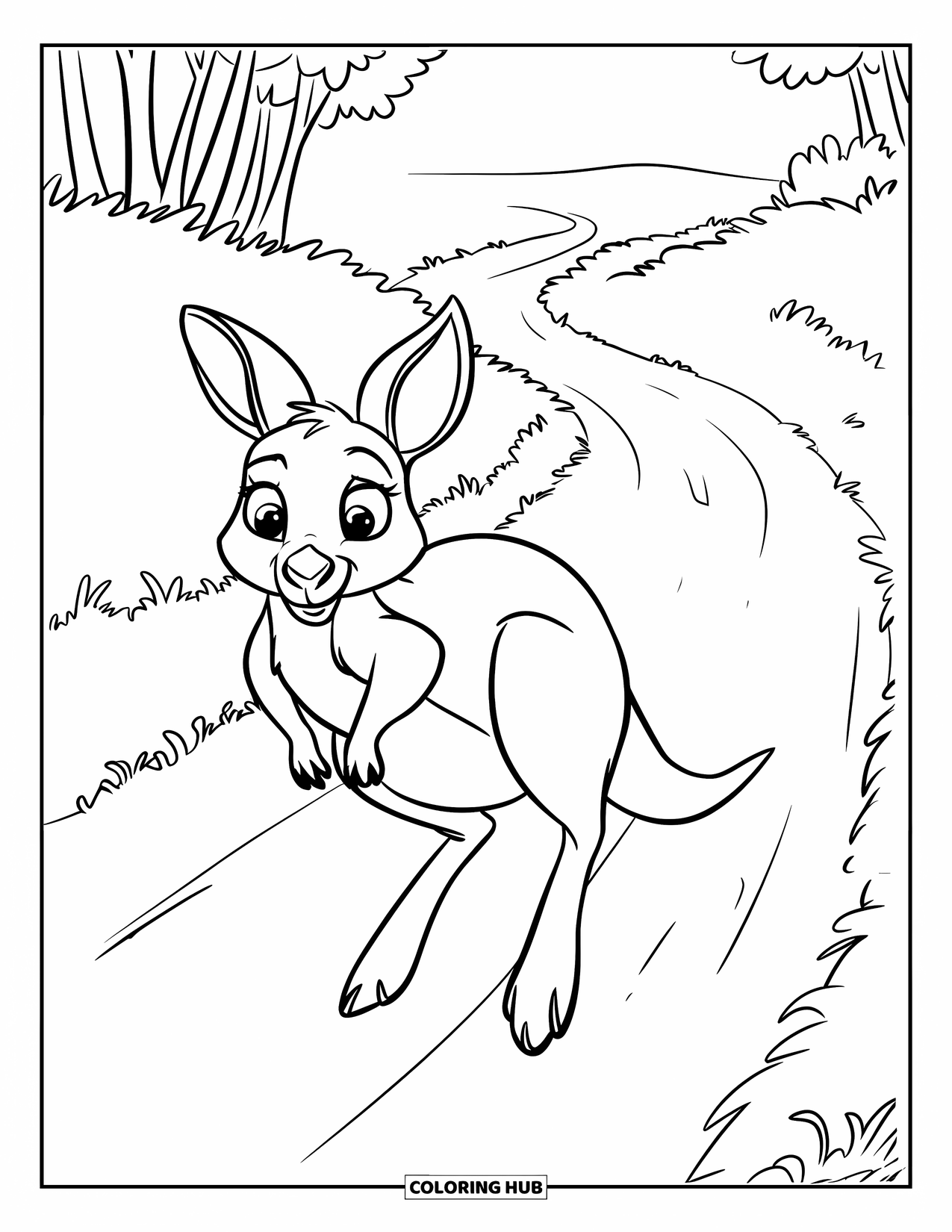 Wild Animal Coloring Page for Kids: A curious kangaroo hops on a forest trail surrounded by trees and open space