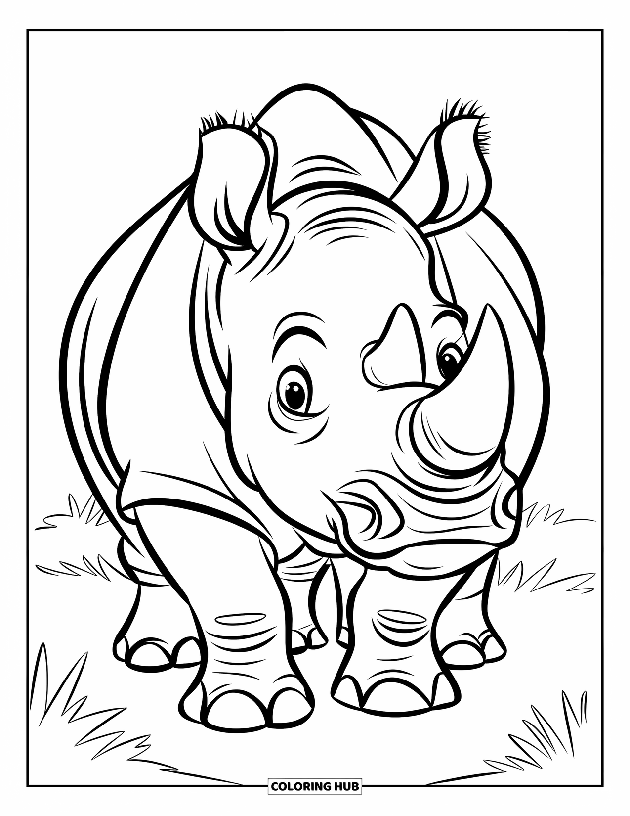 Wild Animal Coloring Page for Kids: A curious rhino with a round horn stands on grassy ground with a friendly face