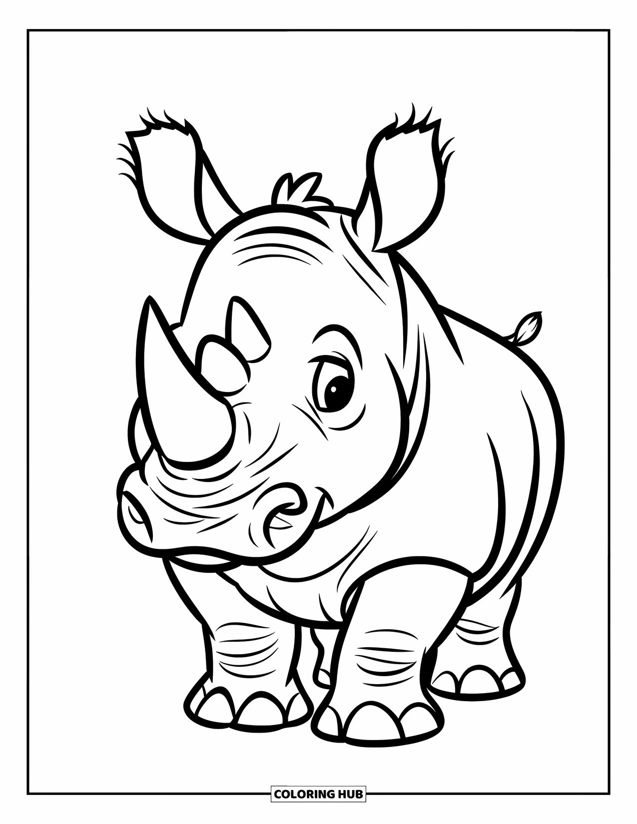 Wild Animal Coloring Page for Kids: A curious rhino with tiny ears and round horn looks ahead on a clear background
