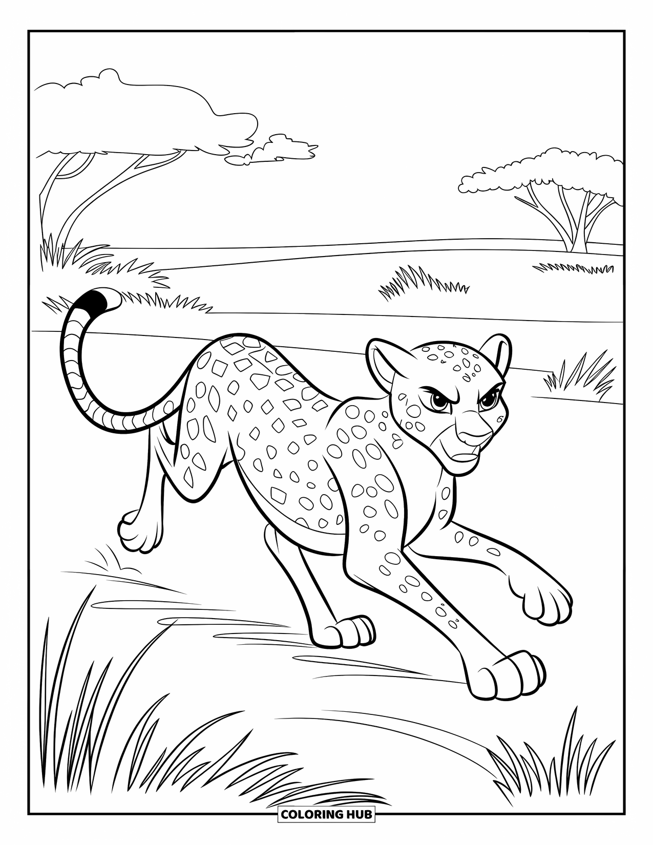 Wild Animal Coloring Page for Kids: A determined cheetah runs across grassy savannah with trees and dirt under its paws