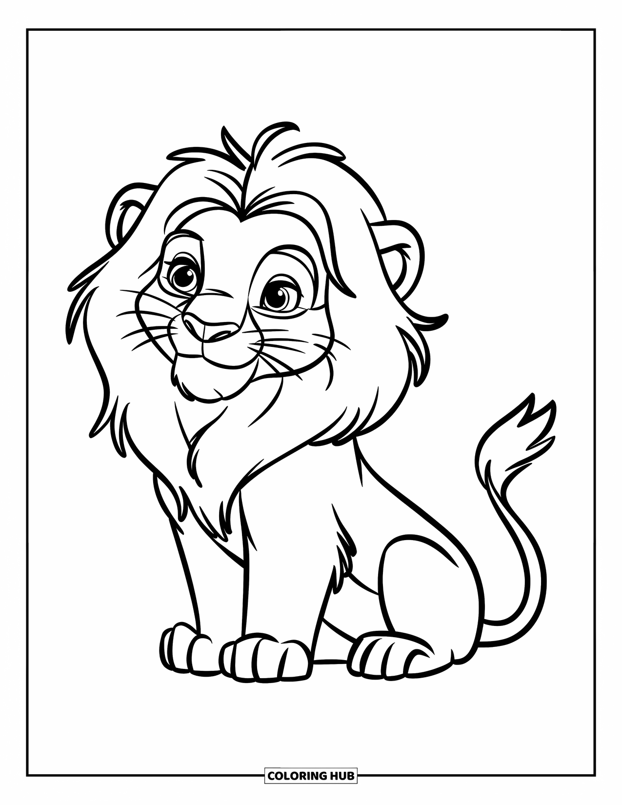 Wild Animal Coloring Page for Kids: A friendly lion with a fluffy mane sits calmly with a cheerful, gentle vibe