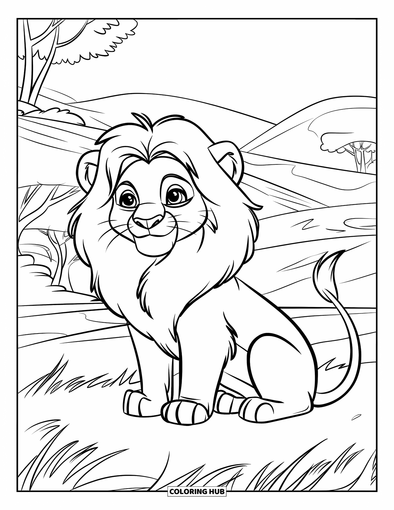 Wild Animal Coloring Page for Kids: A gentle lion with a fluffy mane sits on grass near rolling hills and trees