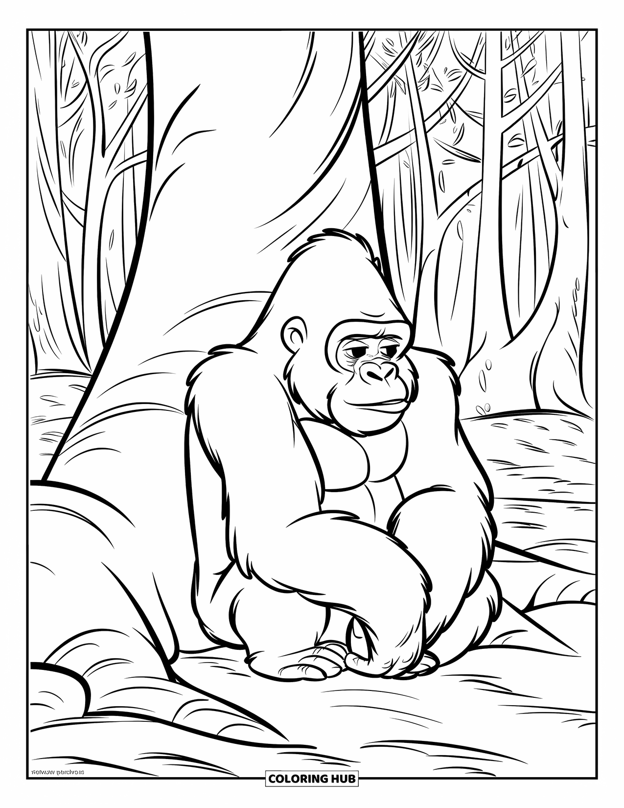 Wild Animal Coloring Page for Kids: A gorilla with folded hands sits beside a massive tree trunk in a mossy forest