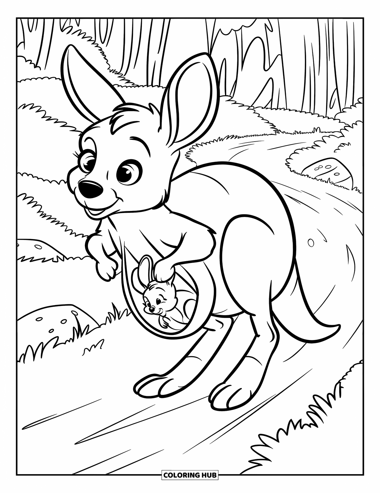 Wild Animal Coloring Page for Kids: A kangaroo with a joey in its pouch hops a trail through a forest with tall trees