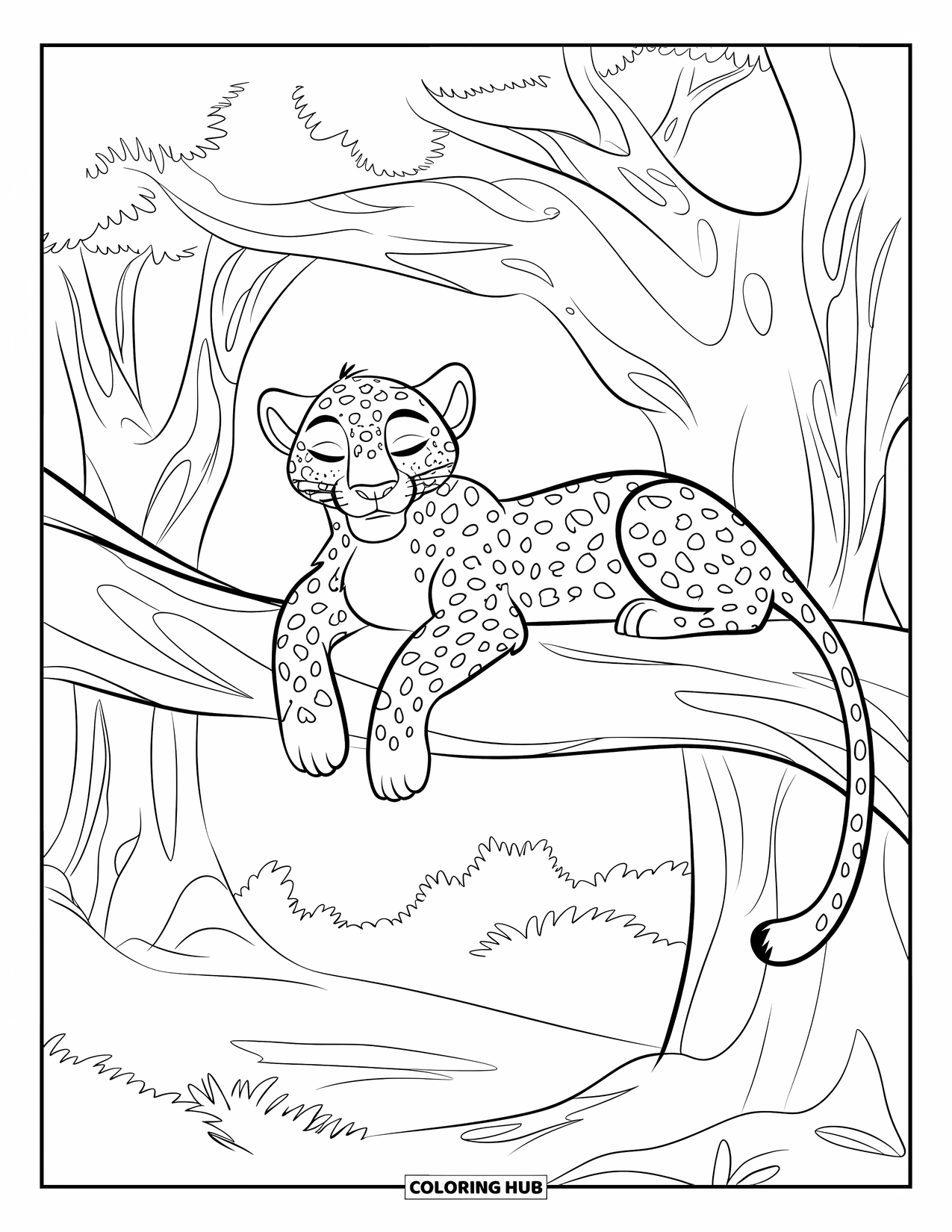 Wild Animal Coloring Page for Kids: A leopard rests with closed eyes on a sturdy tree branch in a lush forest
