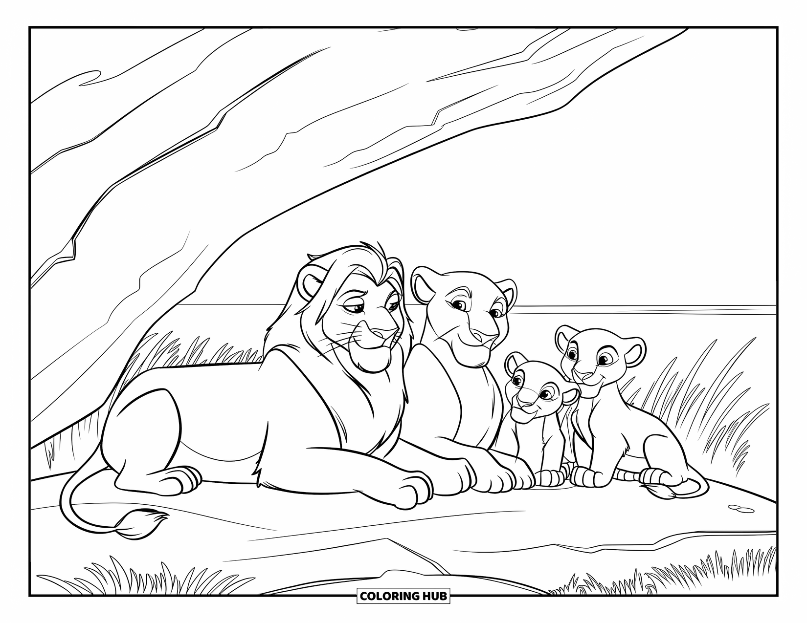 Wild Animal Coloring Page for Kids: A lion family rests under a shady rock on a vast savannah with tall grasses