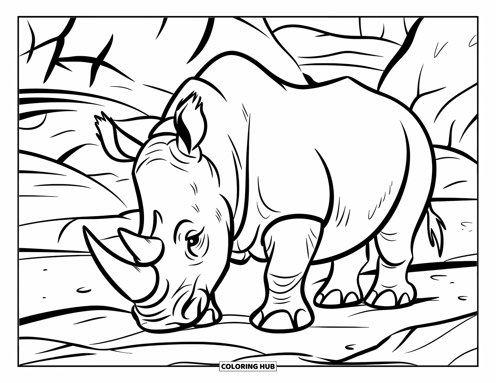 Wild Animal Coloring Page for Kids: A rhino lowers its head firmly on rocky terrain with boulders and stones around