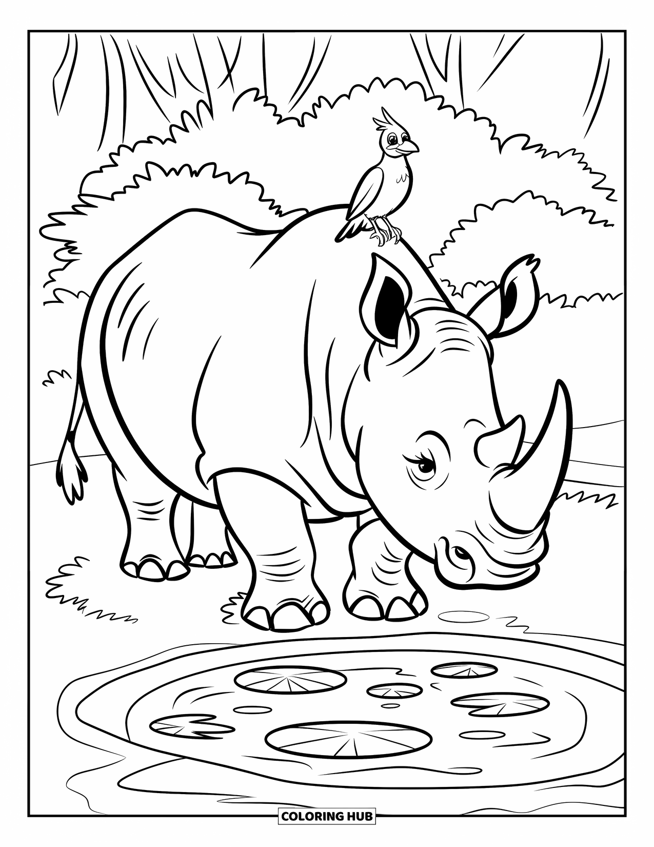 Wild Animal Coloring Page for Kids: A rhino with a bird on its head stands by a pond with lily pads in a forest