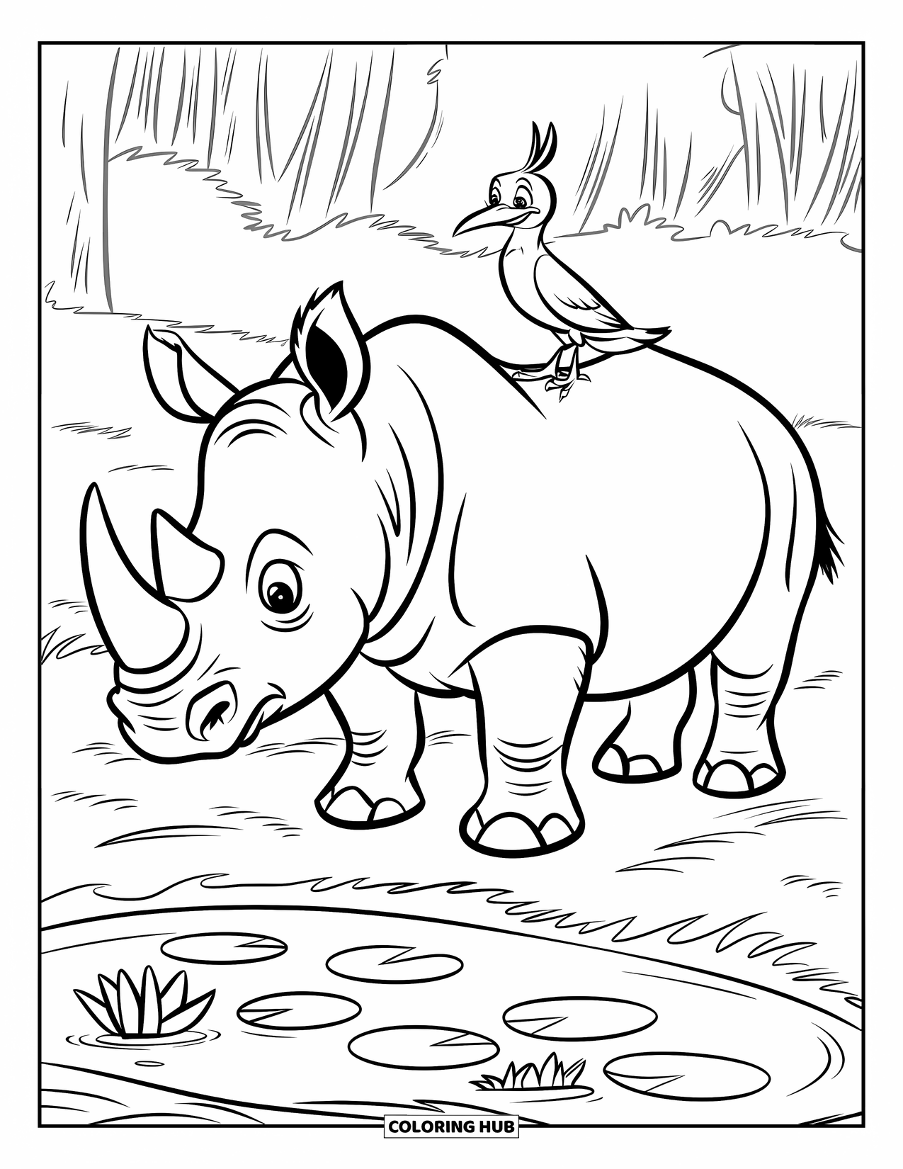 Wild Animal Coloring Page for Kids: A rhino with a horn and bird on its back stands near a pond with lily pads