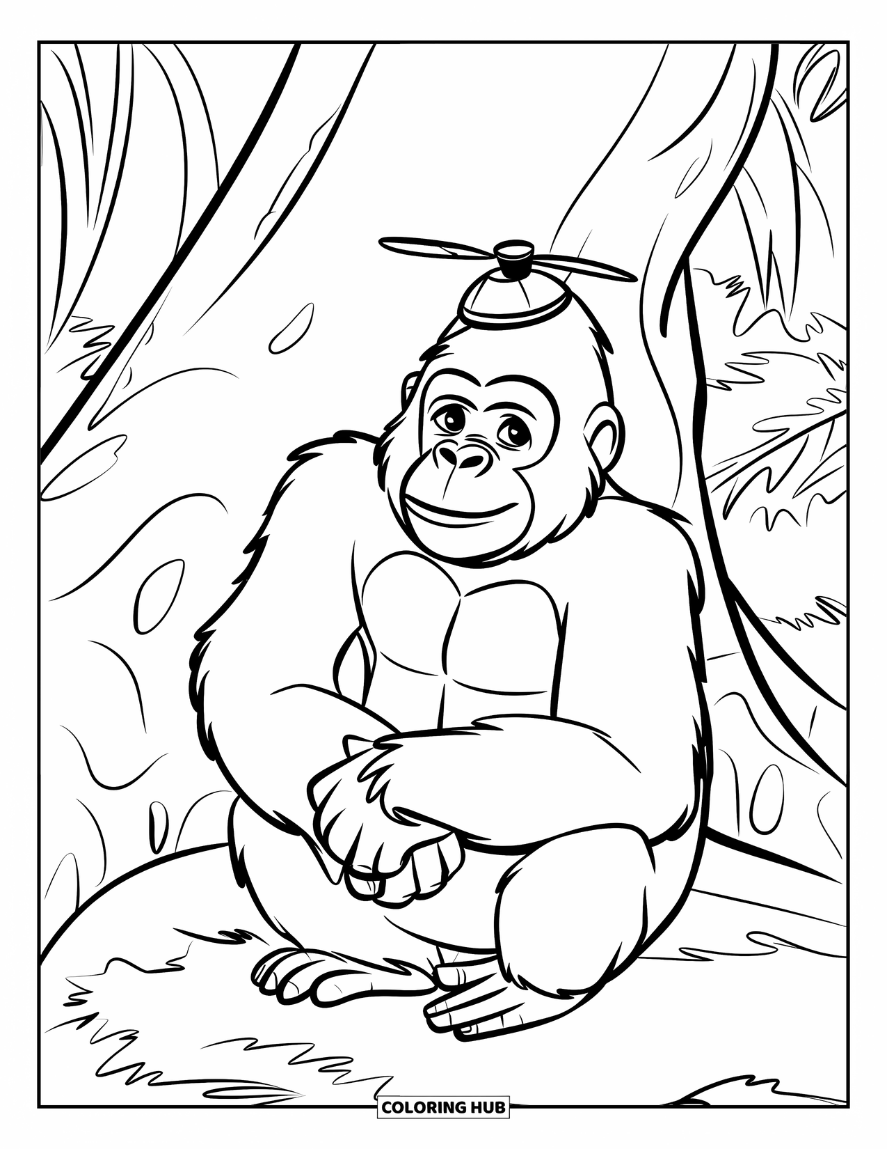 Wild Animal Coloring Page for Kids: A thoughtful gorilla in a propeller hat sits by a thick tree in lush jungle greenery