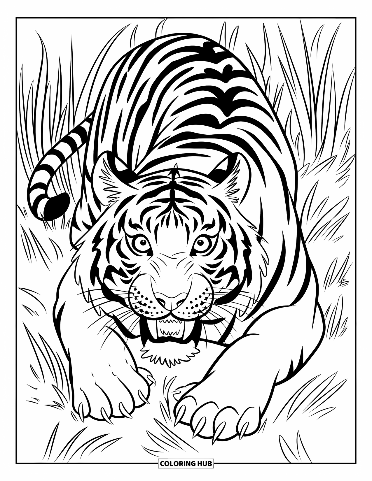 Wild Animal Coloring Page for Kids: A tiger crouches in tall grass with wide eyes, bared teeth, and leaves near its face