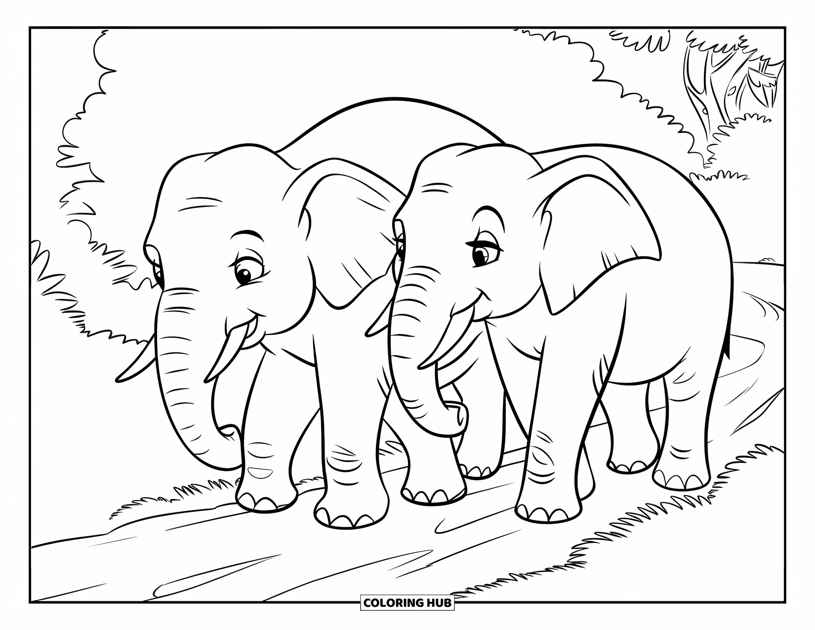 Wild Animal Coloring Page for Kids: Two elephants walk a dirt trail with trunks touching in a lush forest