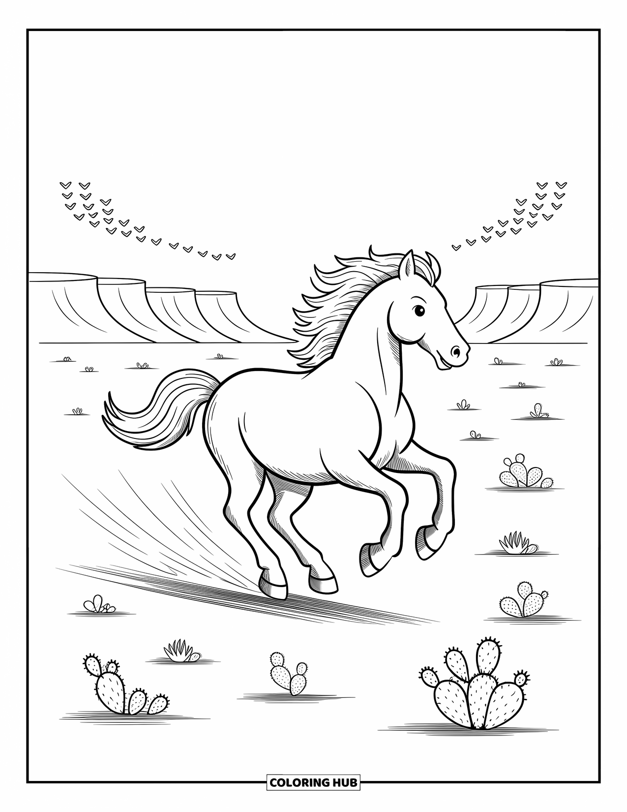 Wild Horse Coloring Page for Adults: A charging horse kicks up dust while birds fly above and cacti dot the land