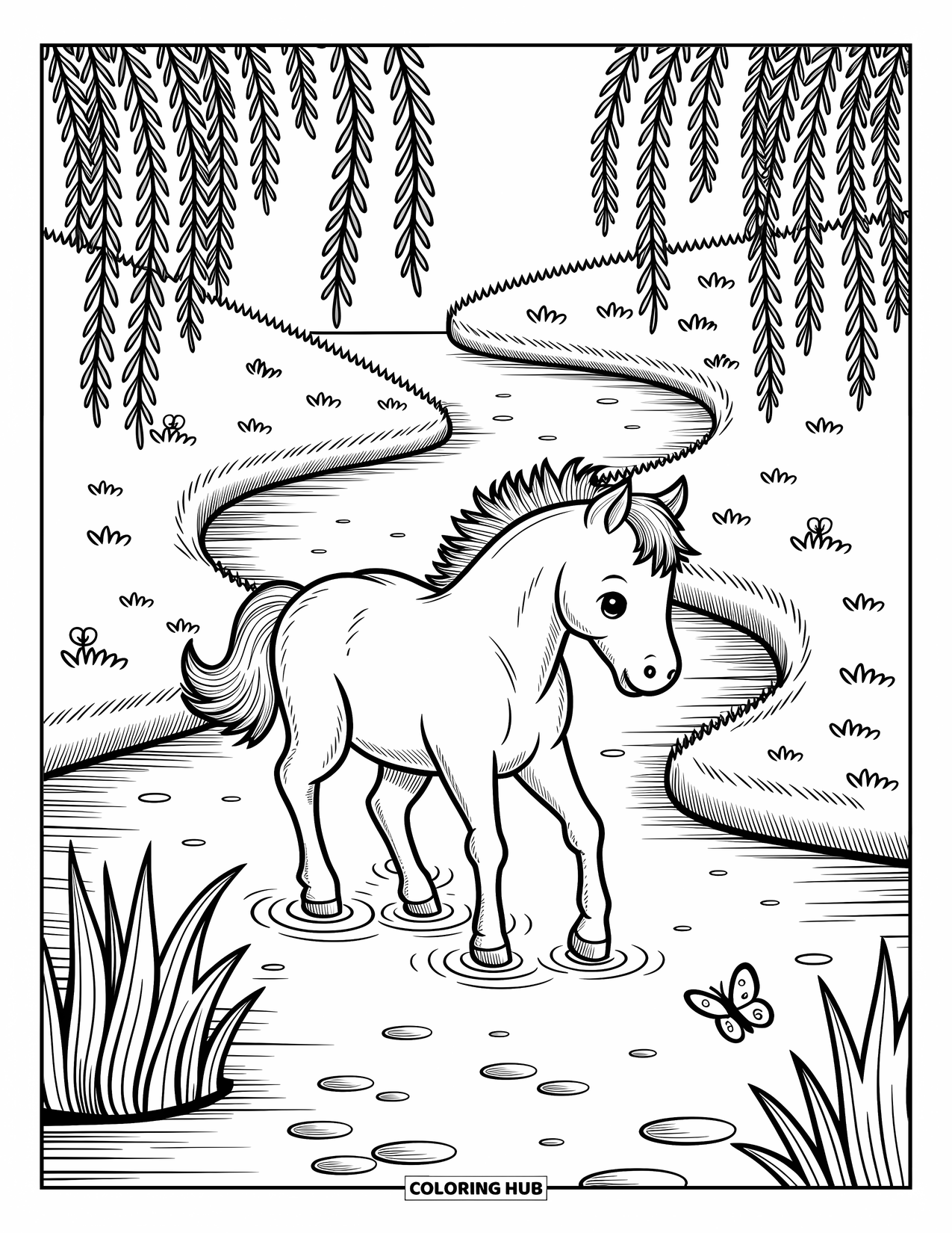 Wild Horse Coloring Page for Adults: A foal crosses a winding stream, surrounded by reeds, trees, and a fluttering butterfly