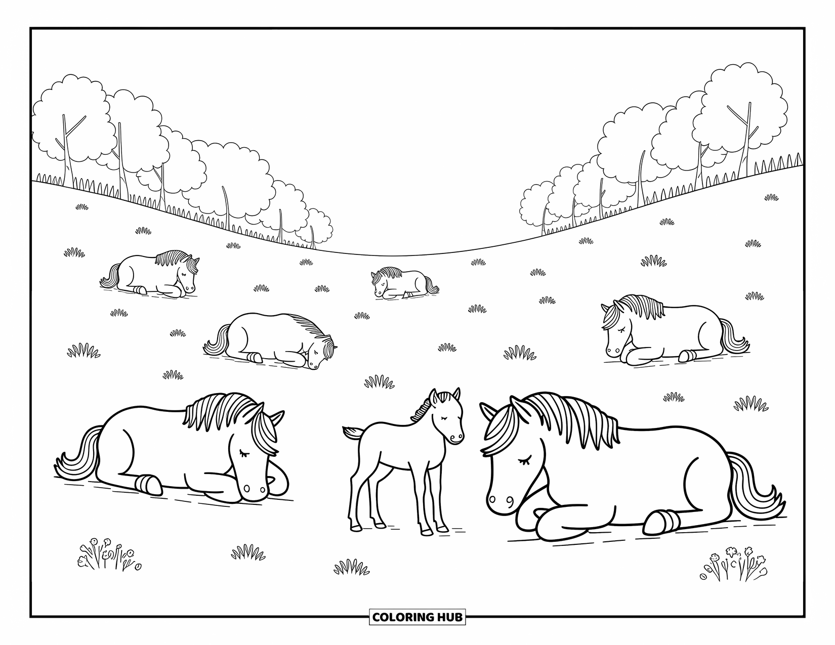 Wild Horse Coloring Page for Adults: A foal snuggles beside an older horse while others nap under soft, shady trees