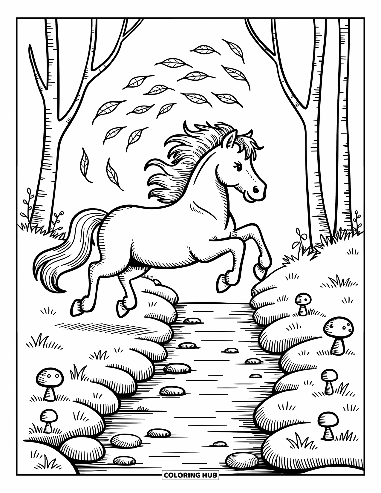 Wild Horse Coloring Page for Adults: A horse bounds over a creek as leaves swirl and trees sway in the breeze