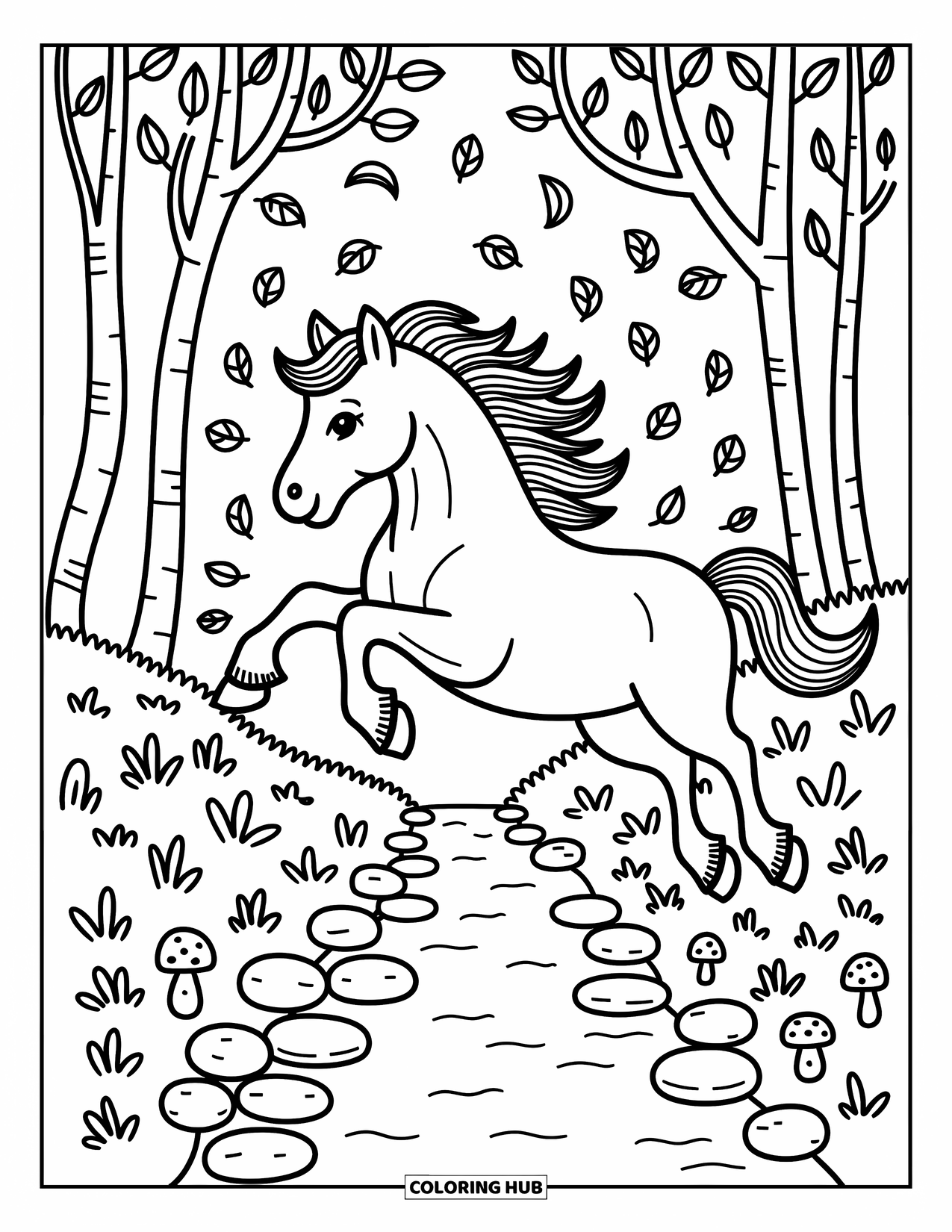 Wild Horse Coloring Page for Adults: A horse jumps a rocky creek, surrounded by twisted trees and playful leaves in motion