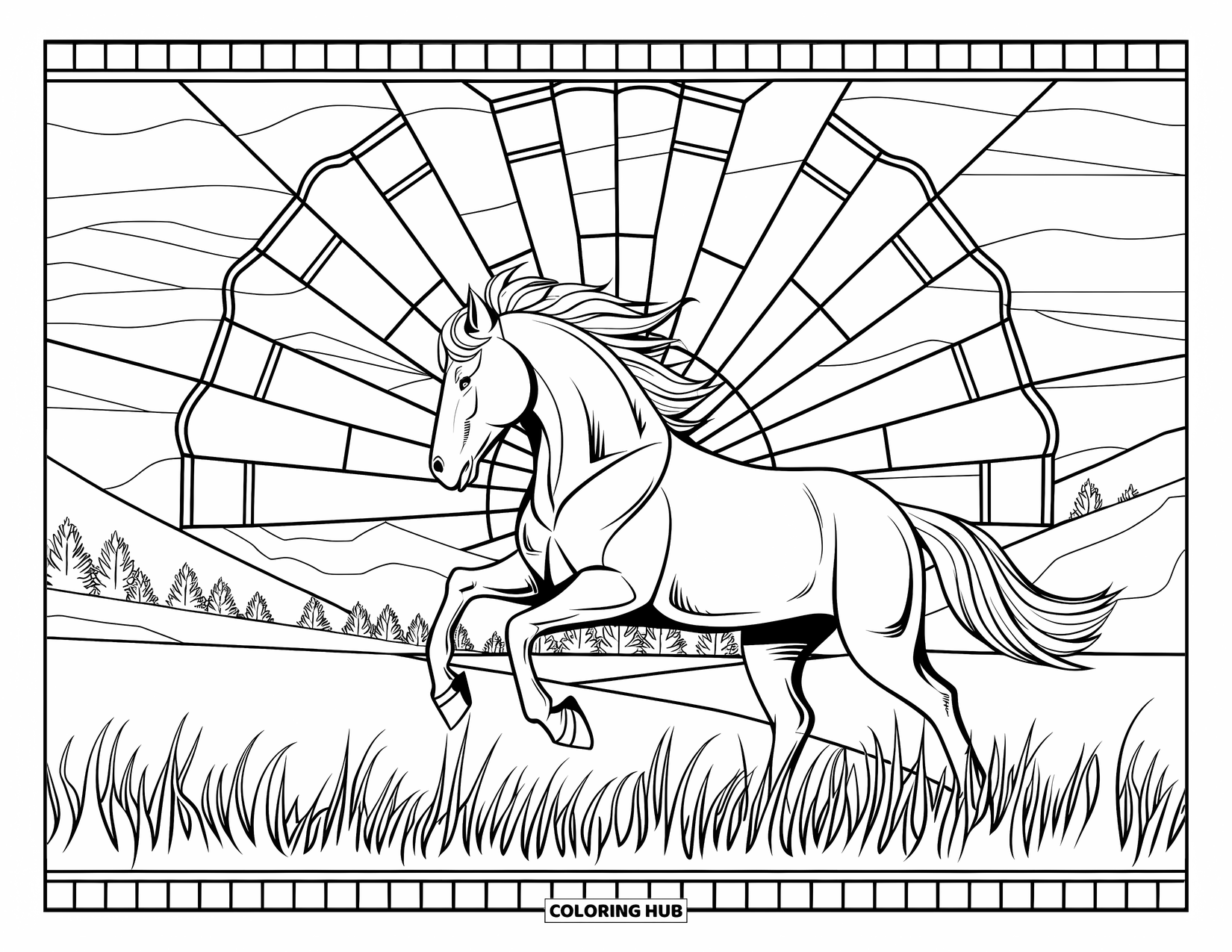 Wild Horse Coloring Page for Adults: A horse runs through grass with stained glass rays and mountain scenery around it
