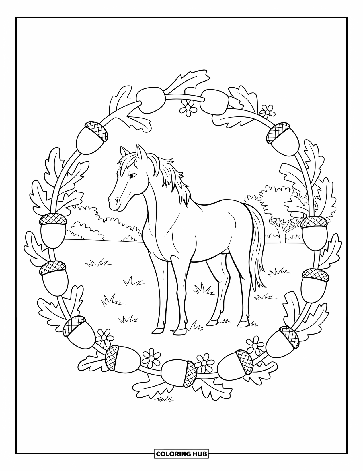 Wild Horse Coloring Page for Adults: A horse stands calmly in a wreath of oak leaves and flowers on a grassy field