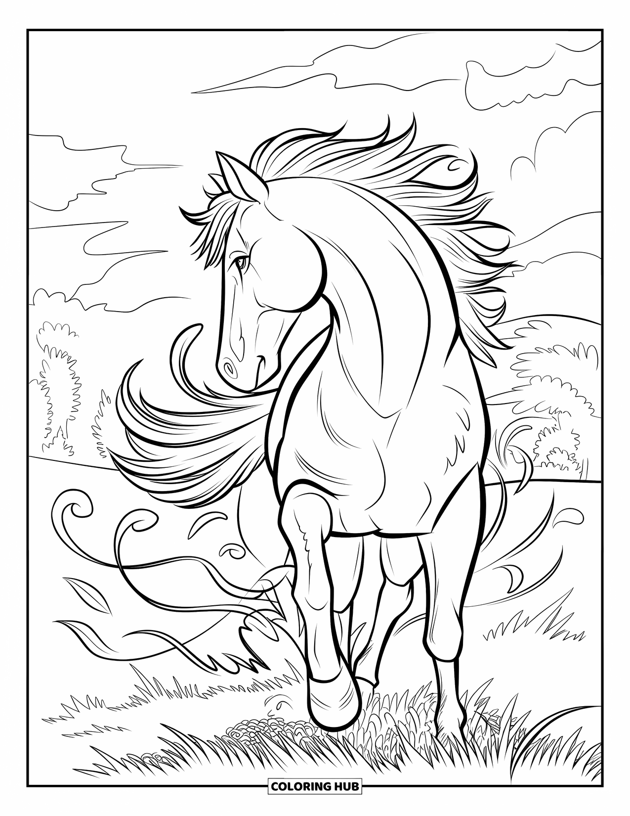 Wild Horse Coloring Page for Adults: A horse turns its head as swirling botanical curls flow through a cloudy field