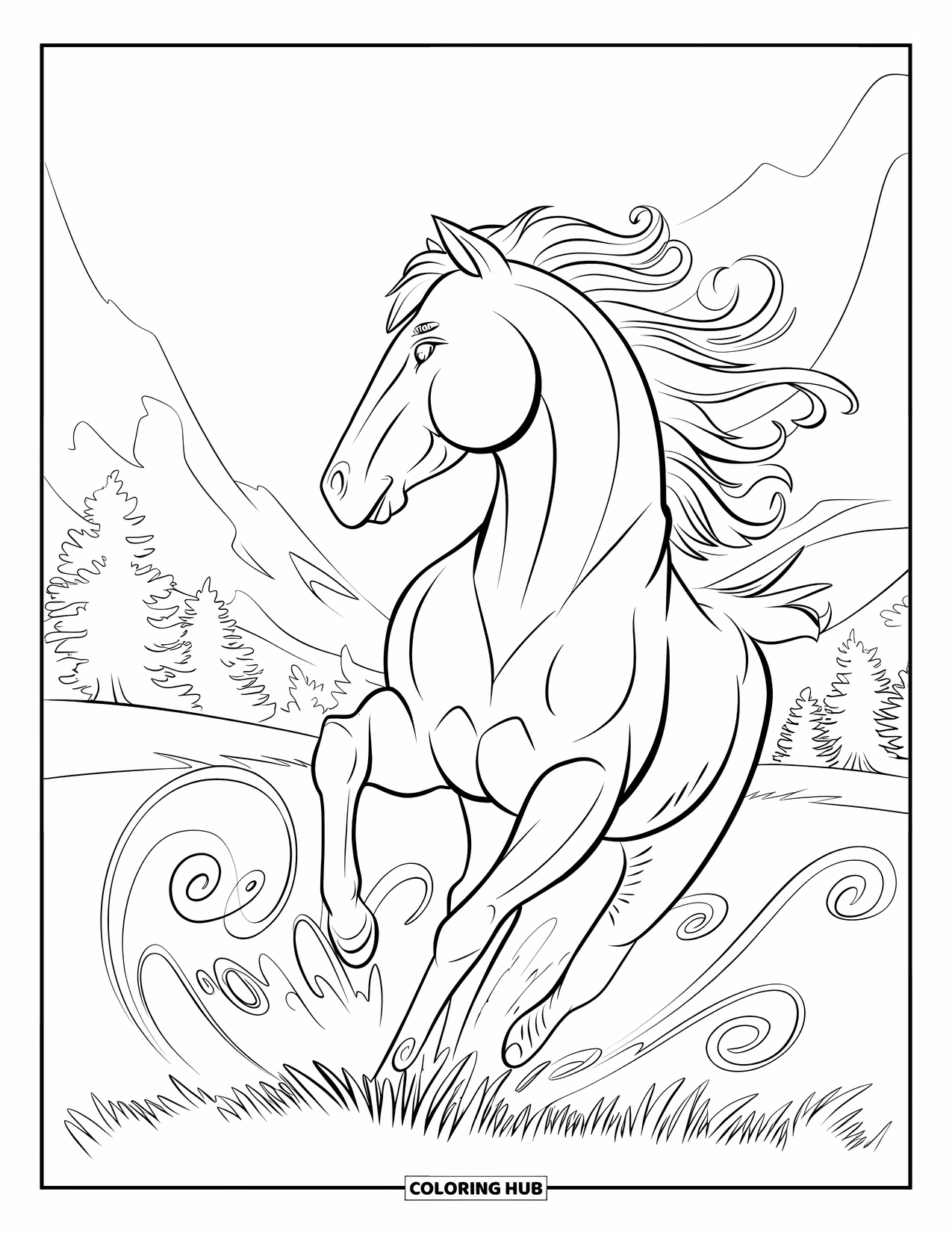 Wild Horse Coloring Page for Adults: A horse turns sharply as wind-shaped botanical curls swirl around its body