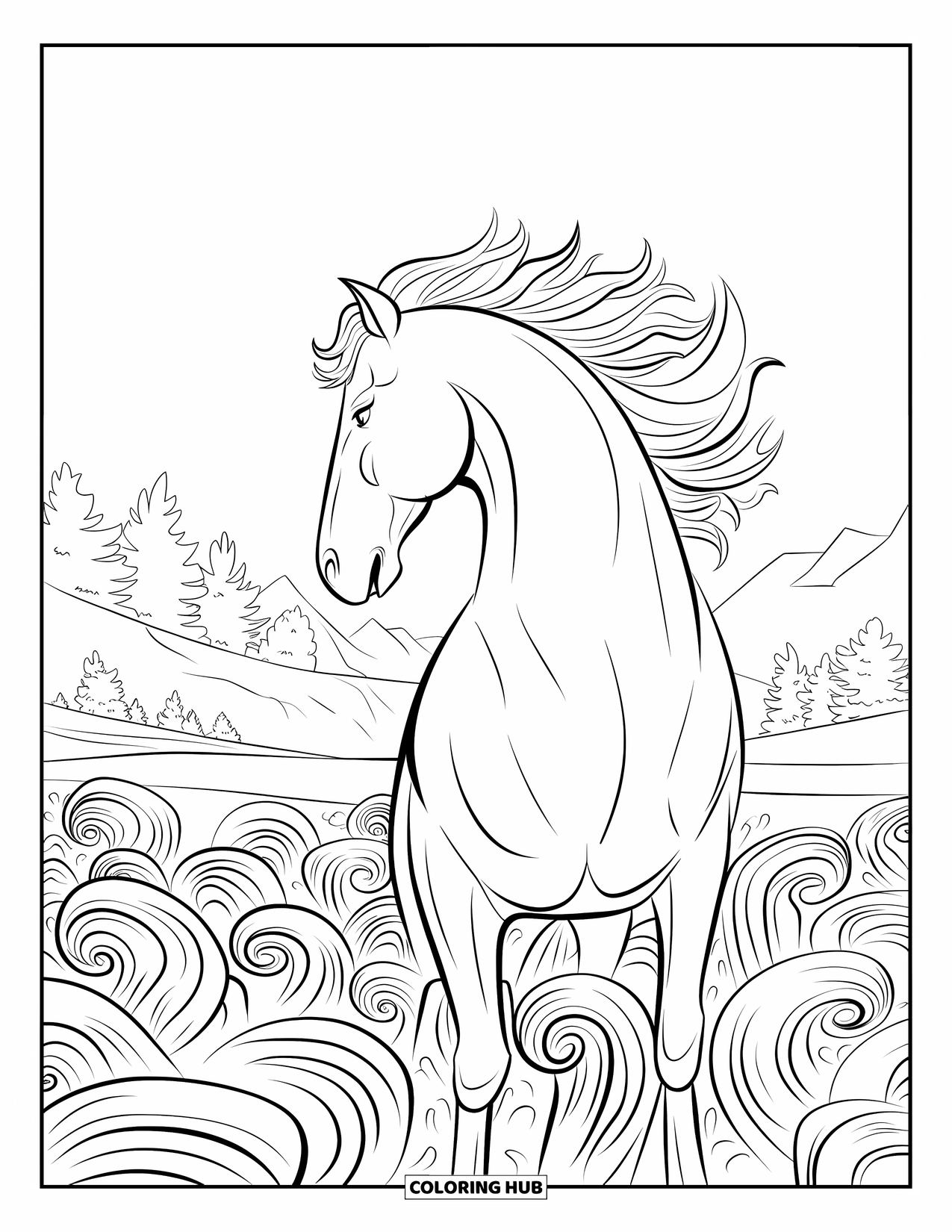Wild Horse Coloring Page for Adults: A horse with windblown mane stands in curling plants with mountain views behind