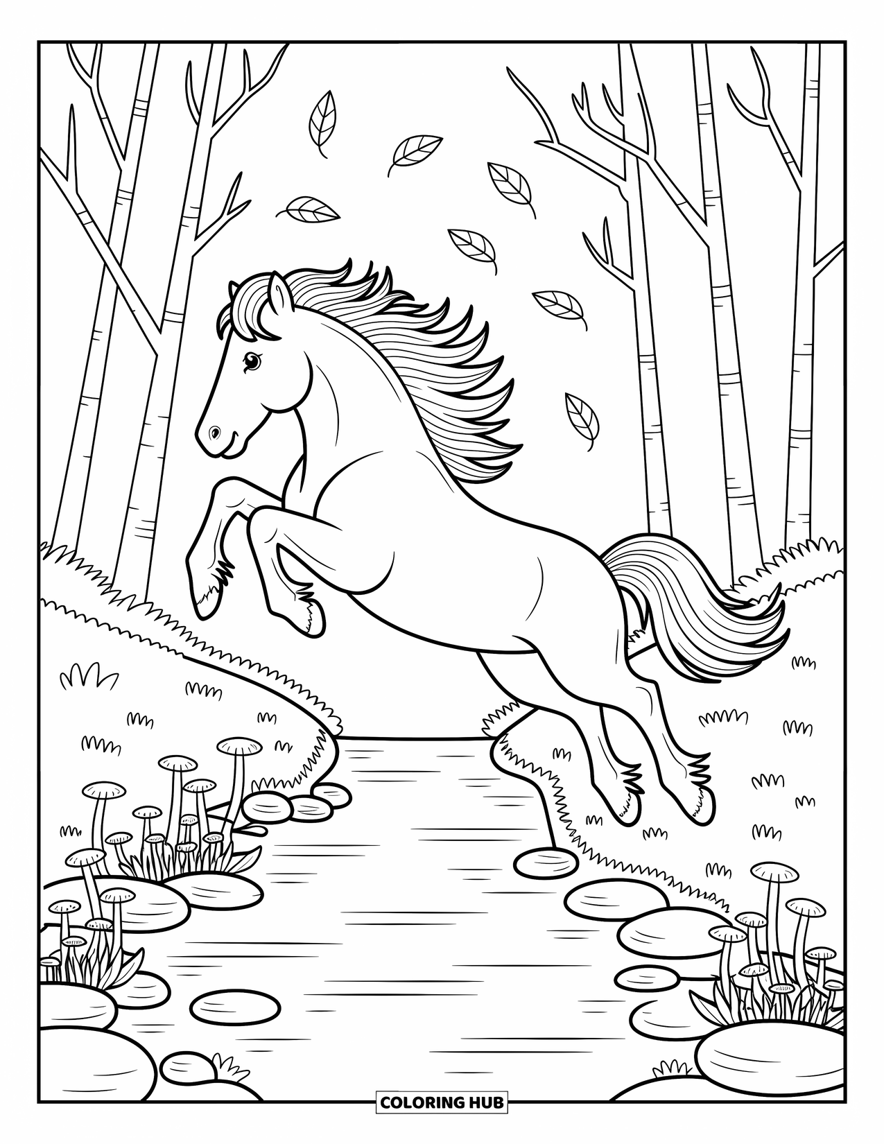 Wild Horse Coloring Page for Adults: A leaping horse crosses a creek lined with stones and tiny mushrooms under windy trees