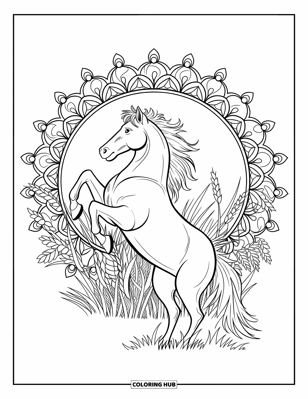 Wild Horse Coloring Page for Adults: A rearing horse with wide eyes is framed by a leafy circular mandala