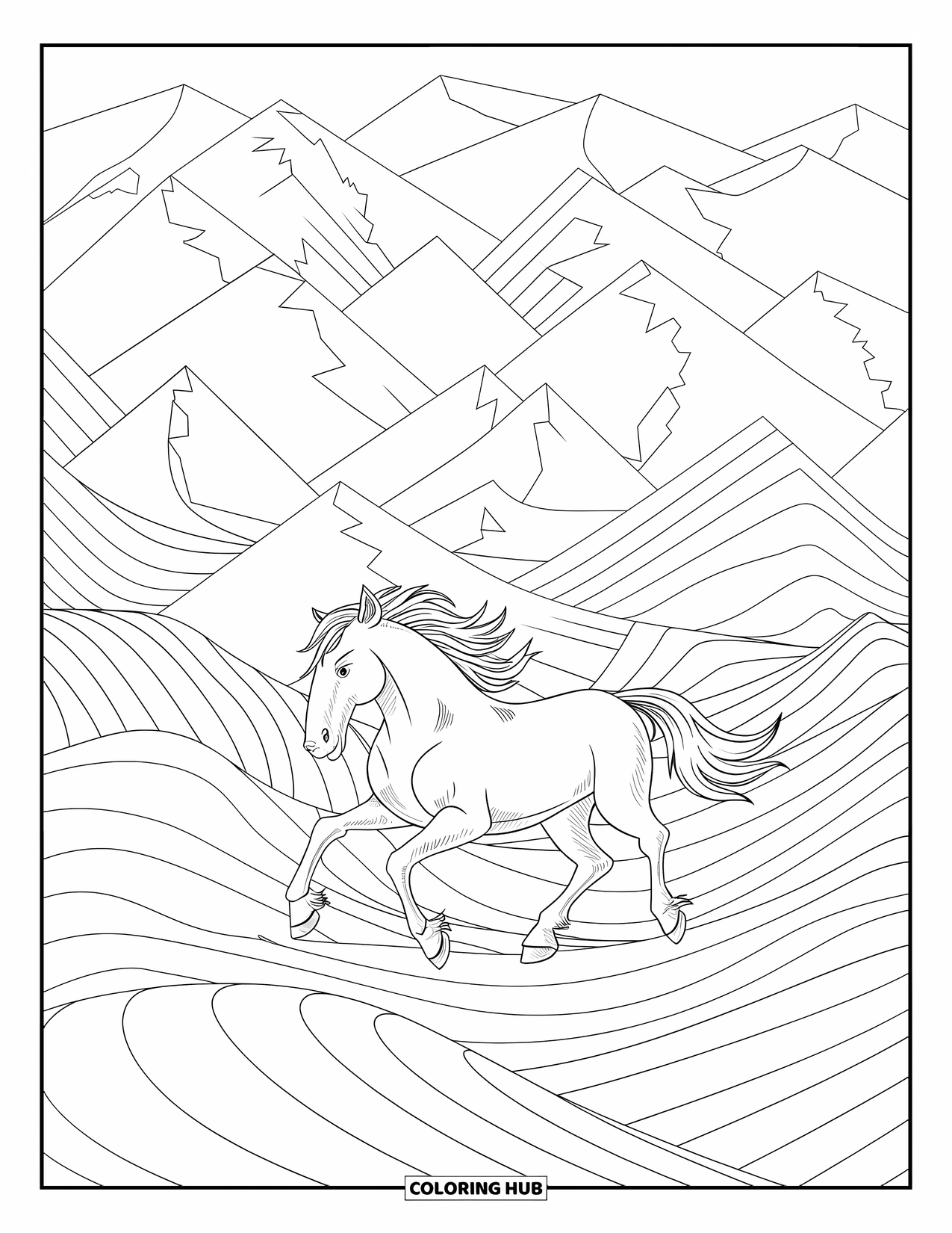 Wild Horse Coloring Page for Adults: A wild horse charges past layered mountains and stained glass hills with cloudy peaks