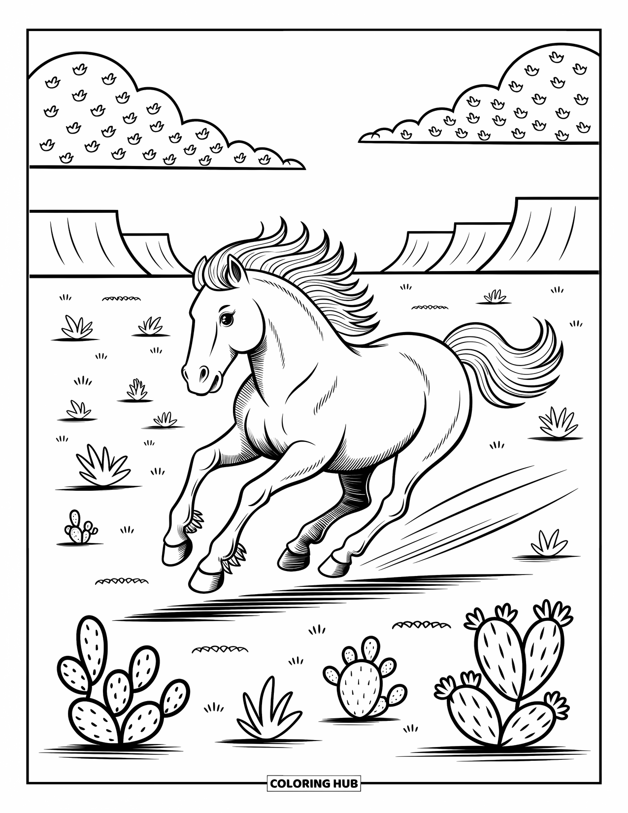 Wild Horse Coloring Page for Adults: A wild horse gallops fast through dusty terrain with cliffs and birds in the distance