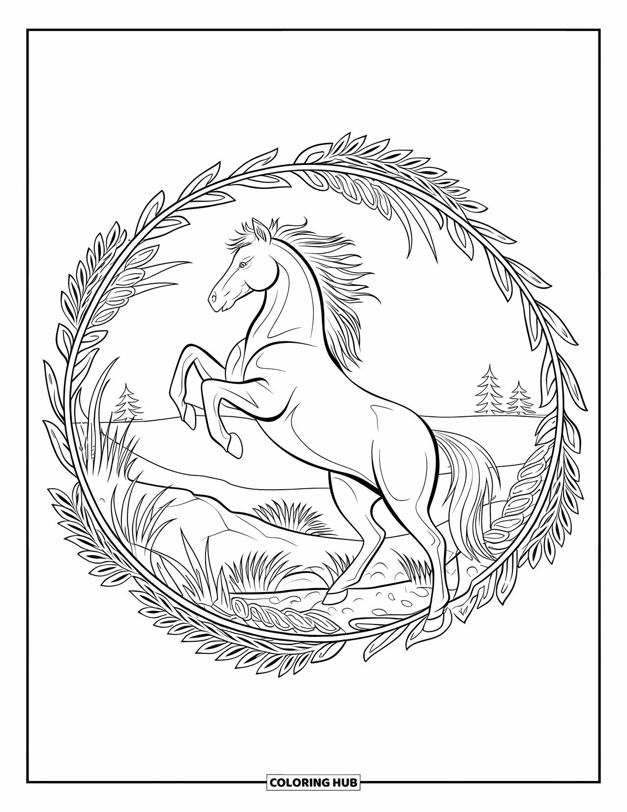 Wild Horse Coloring Page for Adults: A wild horse rears on rocky land, framed by a mandala of prairie grasses and trees