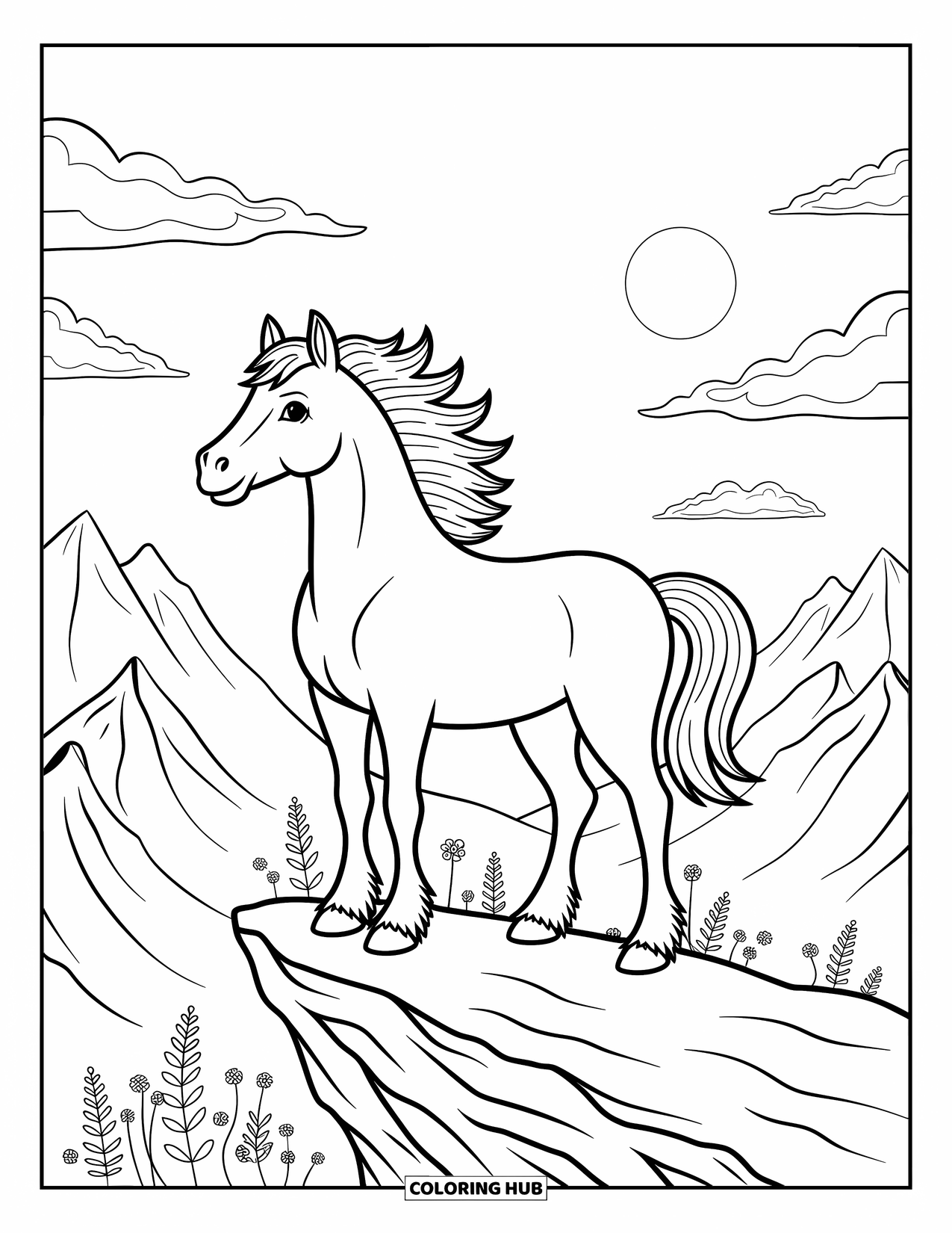 Wild Horse Coloring Page for Adults: A wild horse stands tall on a ridge, surrounded by flowers and drifting clouds