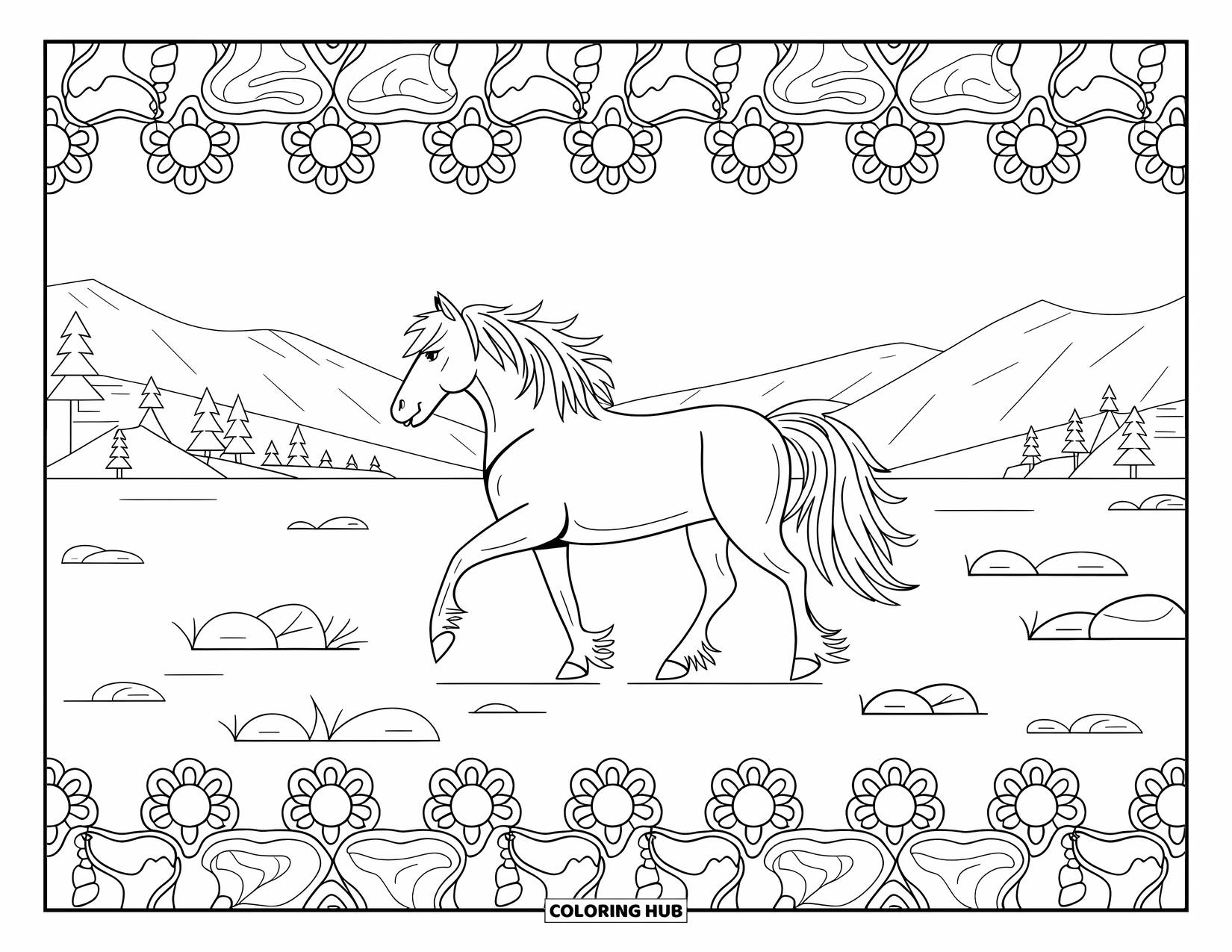 Wild Horse Coloring Page for Adults: A wild horse walks across flatland framed by mandala flowers, stones, and mountain views