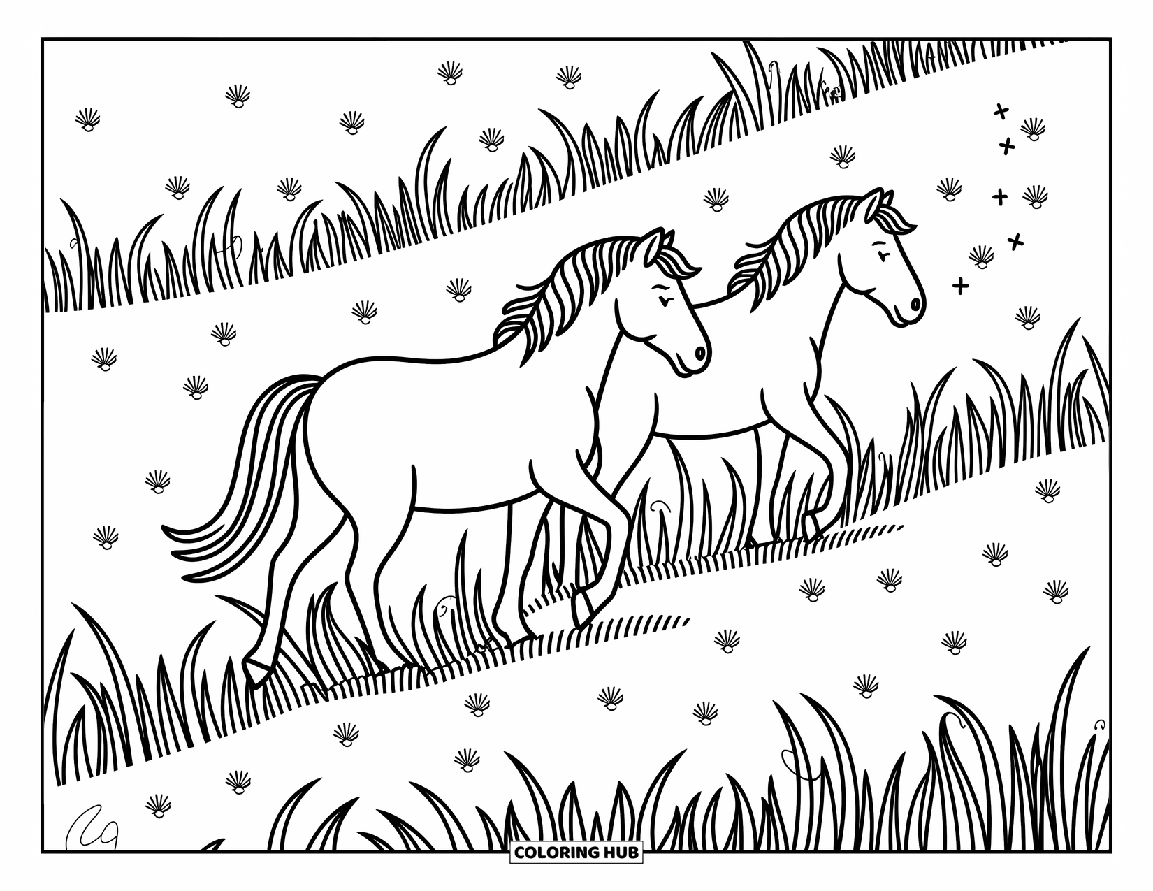 Wild Horse Coloring Page for Adults: Two wild horses walk through tall grass as seed tufts and bugs gently float nearby