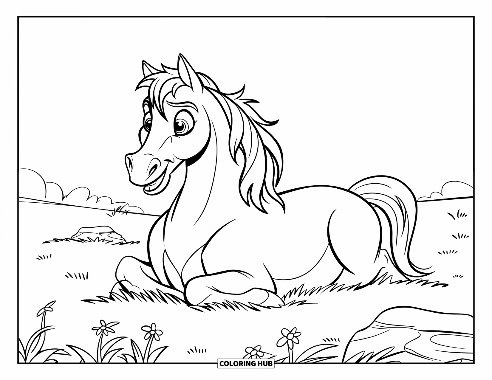 Wild Horse Coloring Page for Kids: A cheerful horse lies down smiling in a field with flowers and rocks