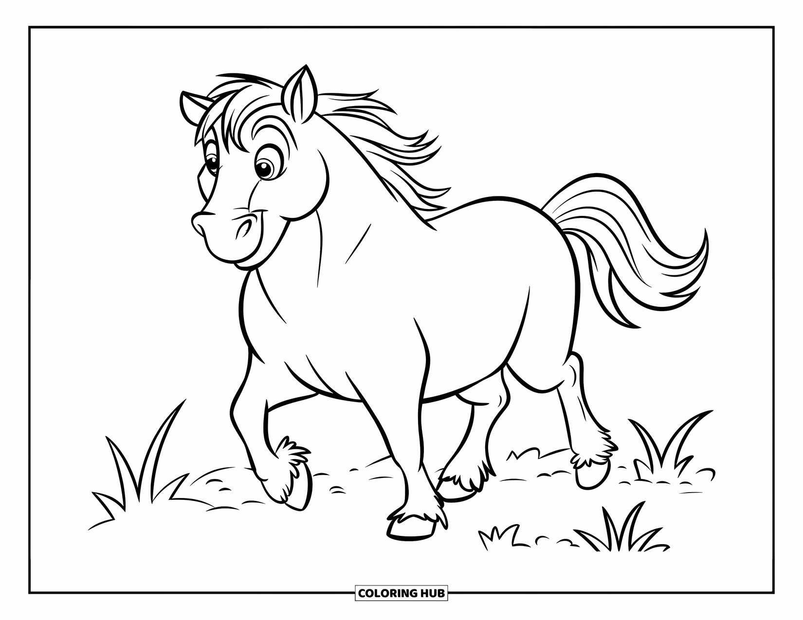 Wild Horse Coloring Page for Kids: A chubby horse walks with its tail swaying over some grassy ground