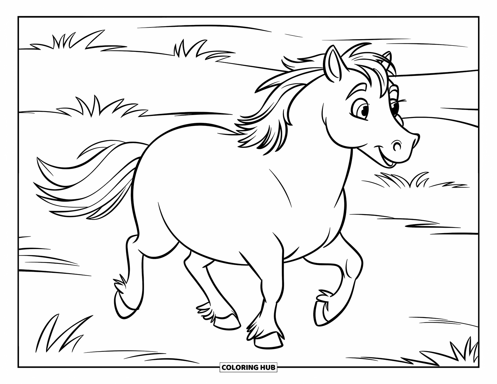 Wild Horse Coloring Page for Kids: A chubby wild horse walks across the grass with a gentle sway