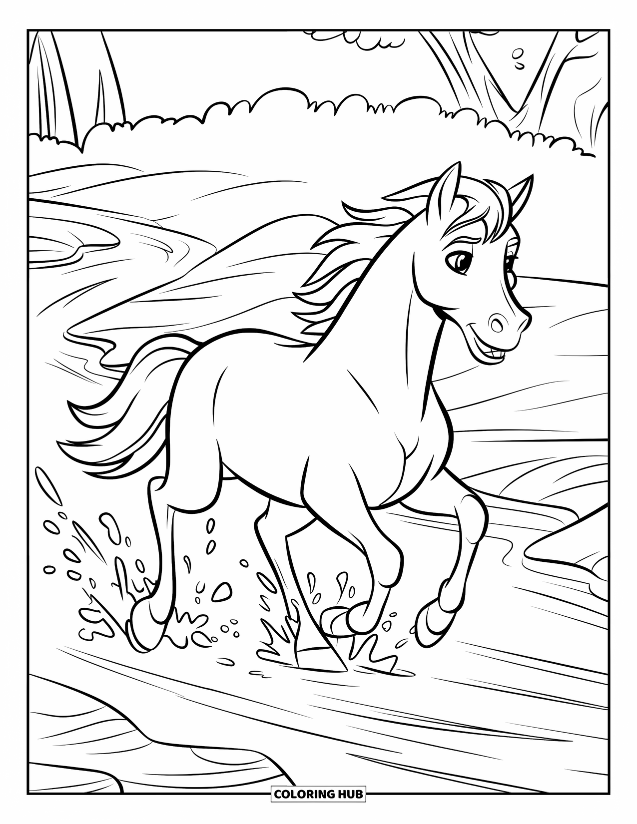 Wild Horse Coloring Page for Kids: A horse dashes by a stream with splashing water and nearby trees