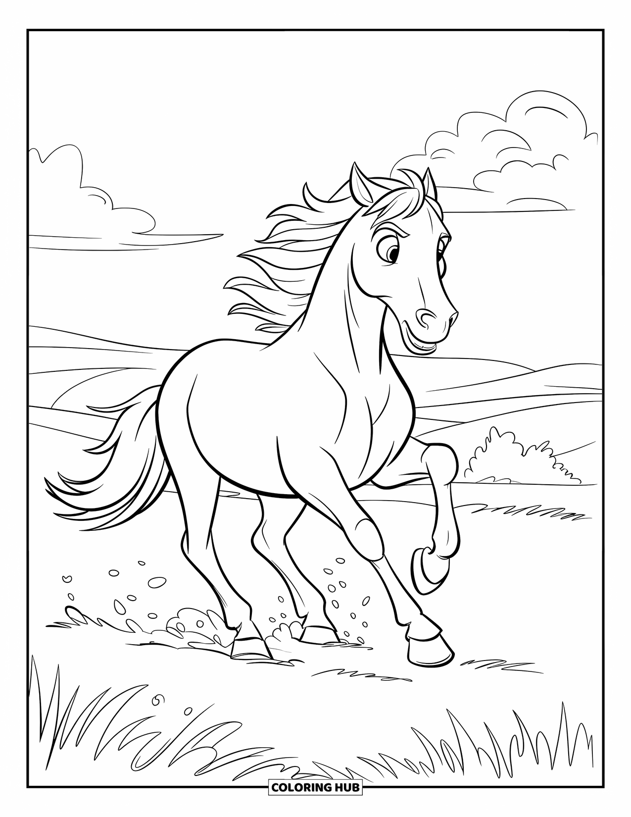 Wild Horse Coloring Page for Kids: A horse kicks up dirt while galloping through a field with hills and clouds