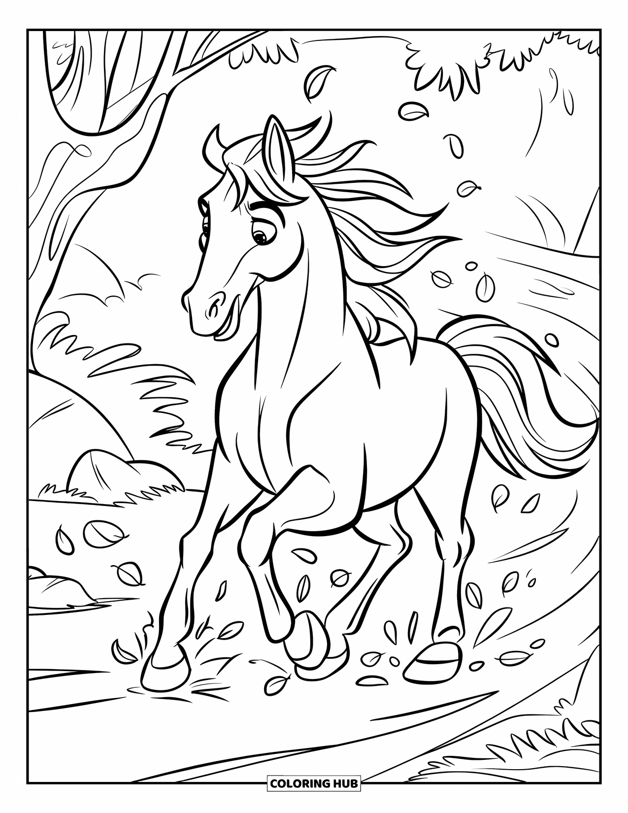Wild Horse Coloring Page for Kids: A horse mid-stride on a trail kicks up leaves near trees and rocks