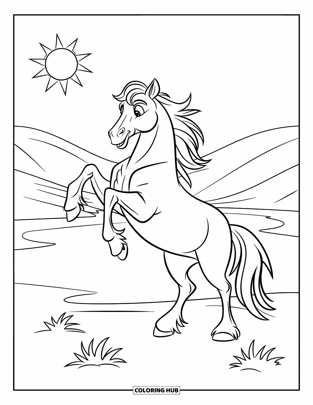 Wild Horse Coloring Page for Kids: A horse rears up near a sunny sky and a peaceful lake