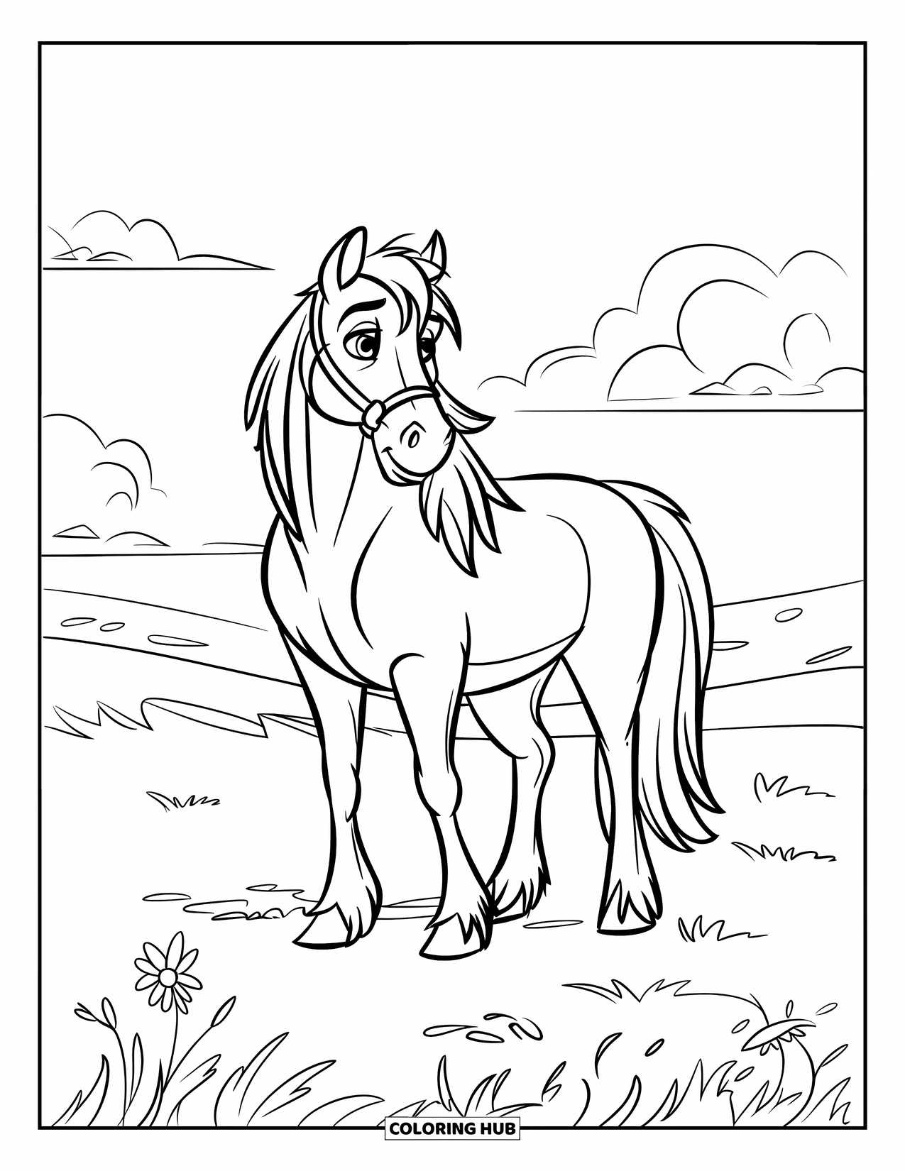 Wild Horse Coloring Page for Kids: A horse stands in a grassy field with wildflowers and a few clouds